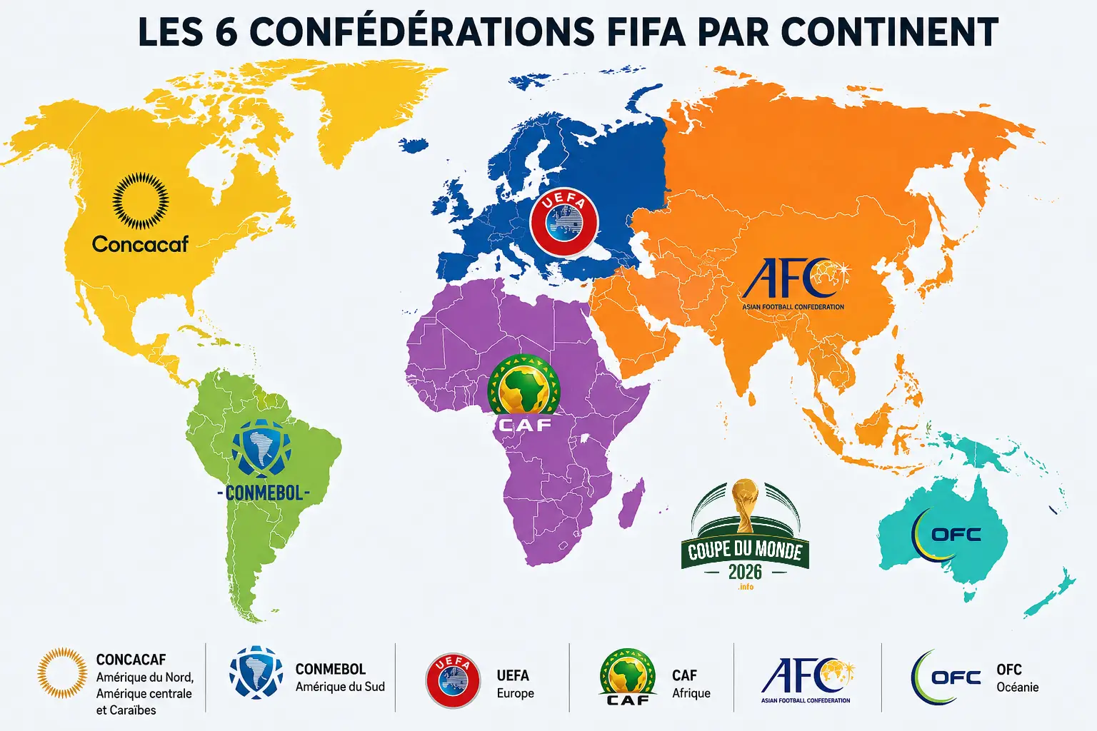 Carte des 6 confédérations FIFA – UEFA, CONMEBOL, CONCACAF, CAF, AFC, OFC – Coupe du Monde 2026