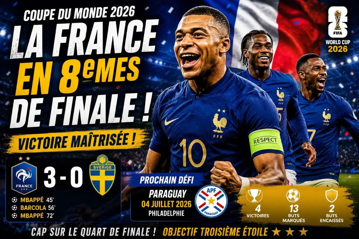 France 3-0 Suède seizièmes de finale Coupe du Monde 2026 Mbappé doublé